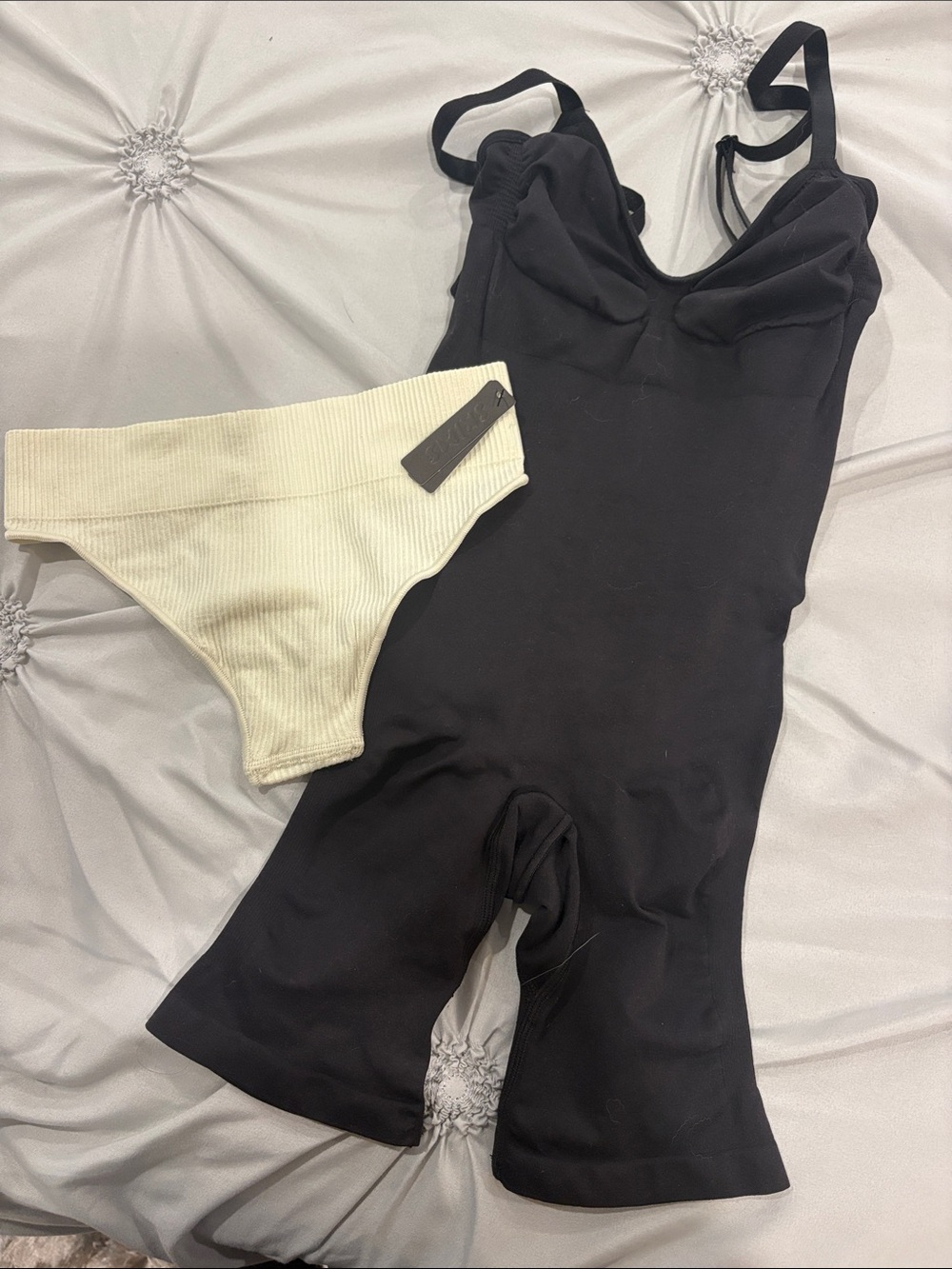 SKIMS Ribbed High-Cut Briefs in Cream and seamless bodysuit